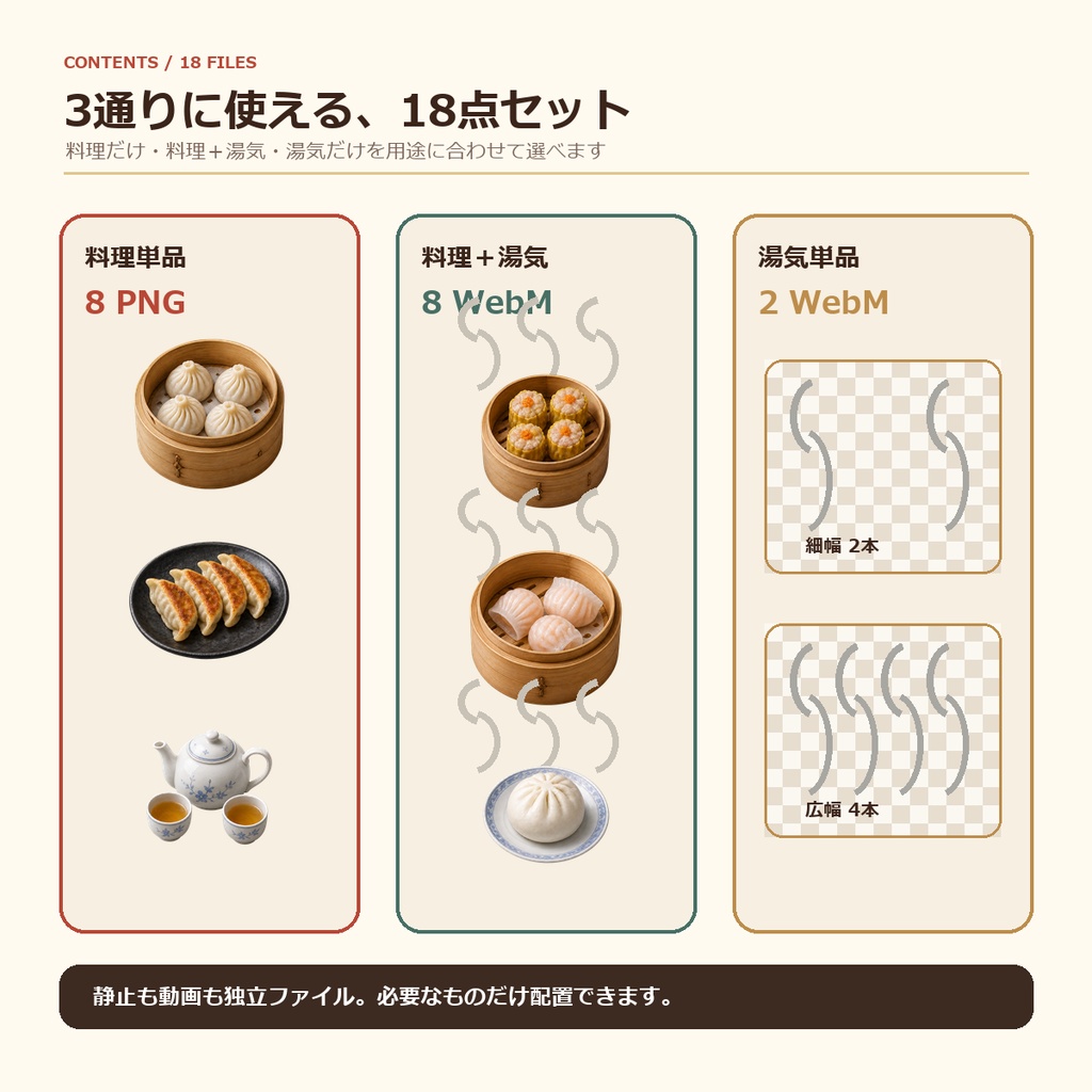 湯気でほかほか 点心・飲茶18点|透過PNG・WebM素材