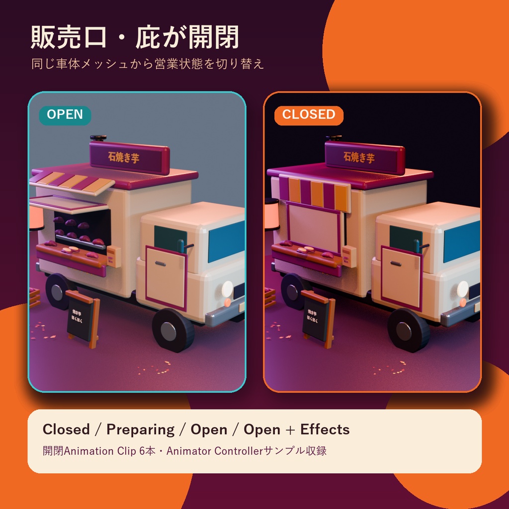 【PC向けUnity/VRChat】焼き芋トラック 移動販売店3Dアセット v1.1.0