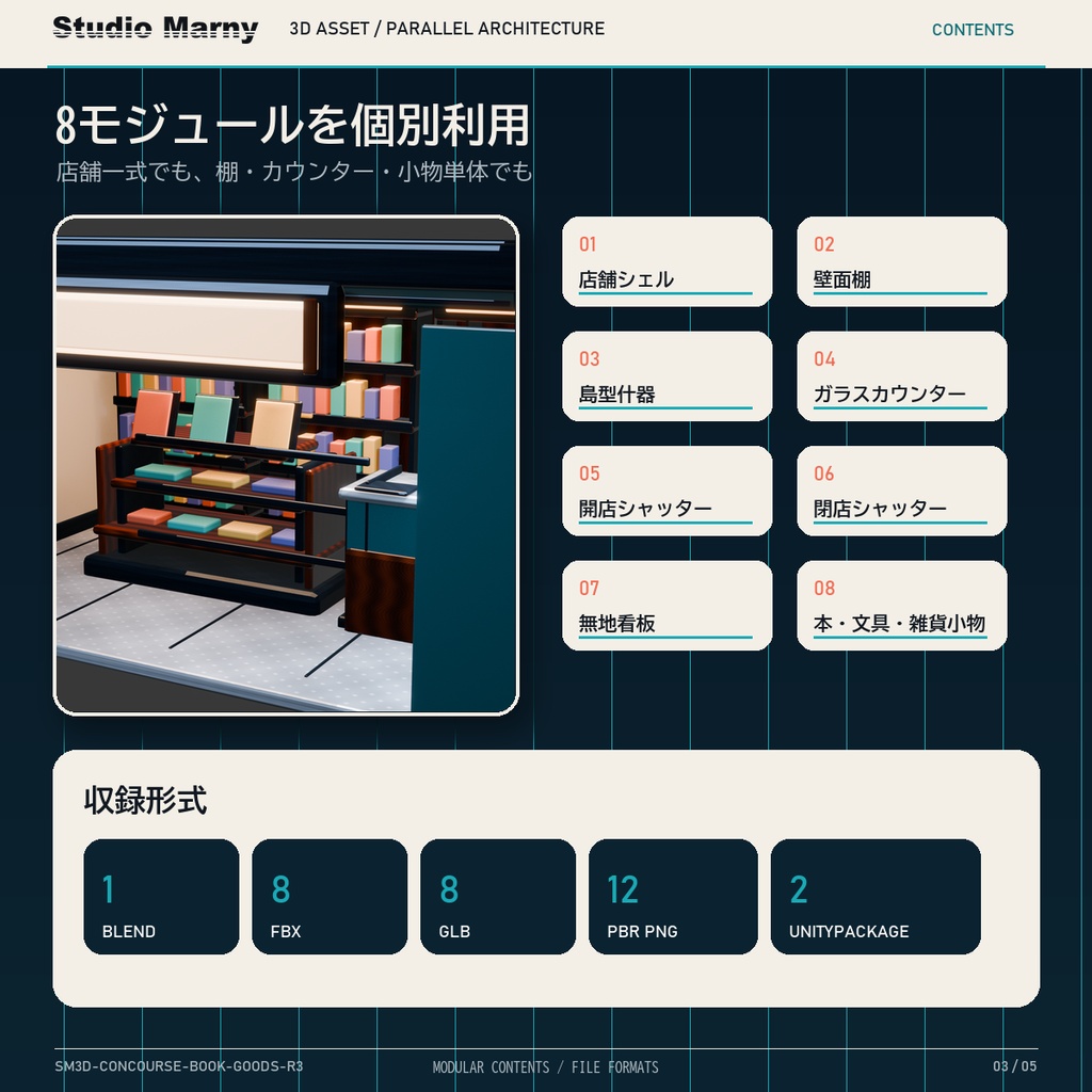 【Unity・VRChat対応】地下街の書店・雑貨店モジュール R3|Blender・FBX・GLB
