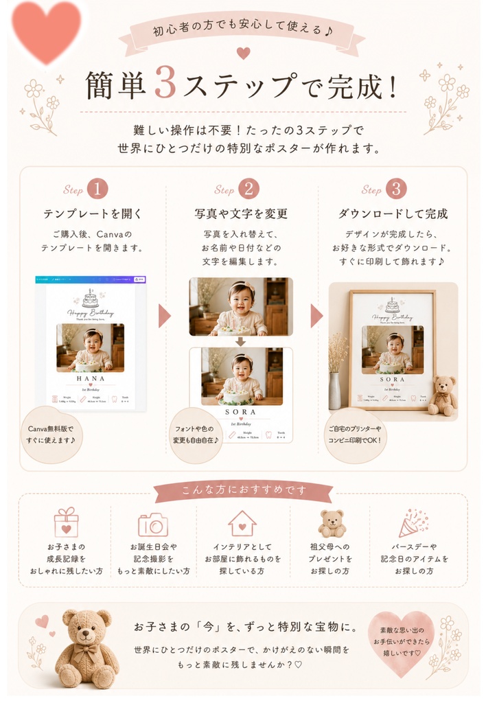 【1歳誕生日ポスター】成長記録入りバースデーポスター3パターンセット|写真入り|Canva編集テンプレート