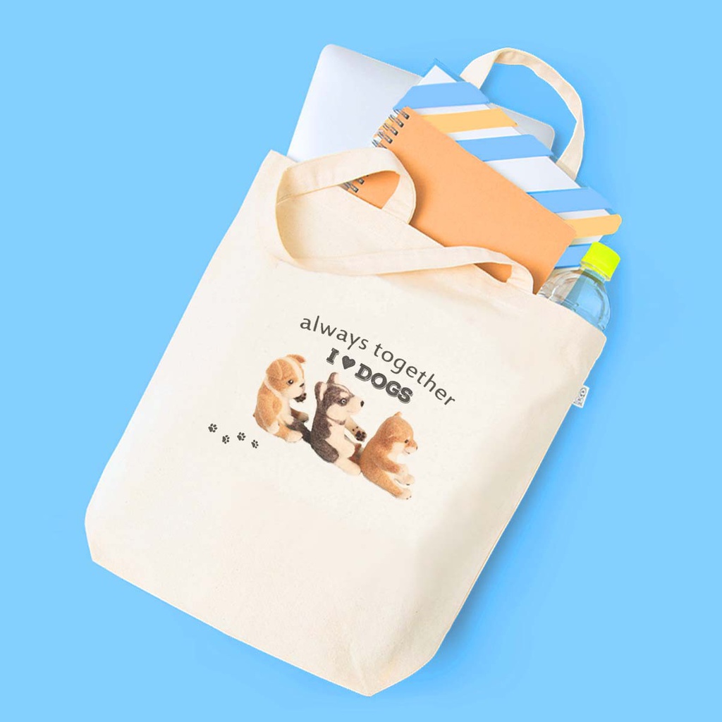 柴犬&ハスキー&ブルドッグの キャンバストートバッグ I Love Dogs 3サイズ