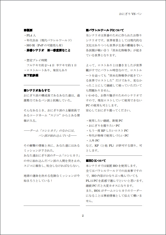 【CoCシナリオ】おにぎりVSパン