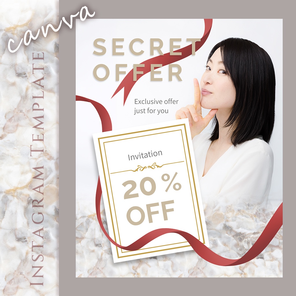 【期間限定無料】Canva編集可能 Instagram投稿用テンプレート 4種 大理石+リボンのラグジュアリーひな型 コスメ、サロン、エステなどの広告に最適