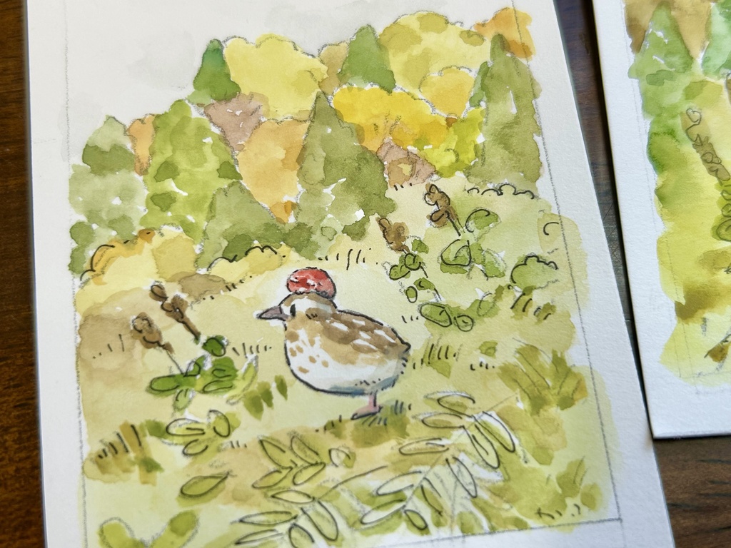 紅葉のお山と小鳥