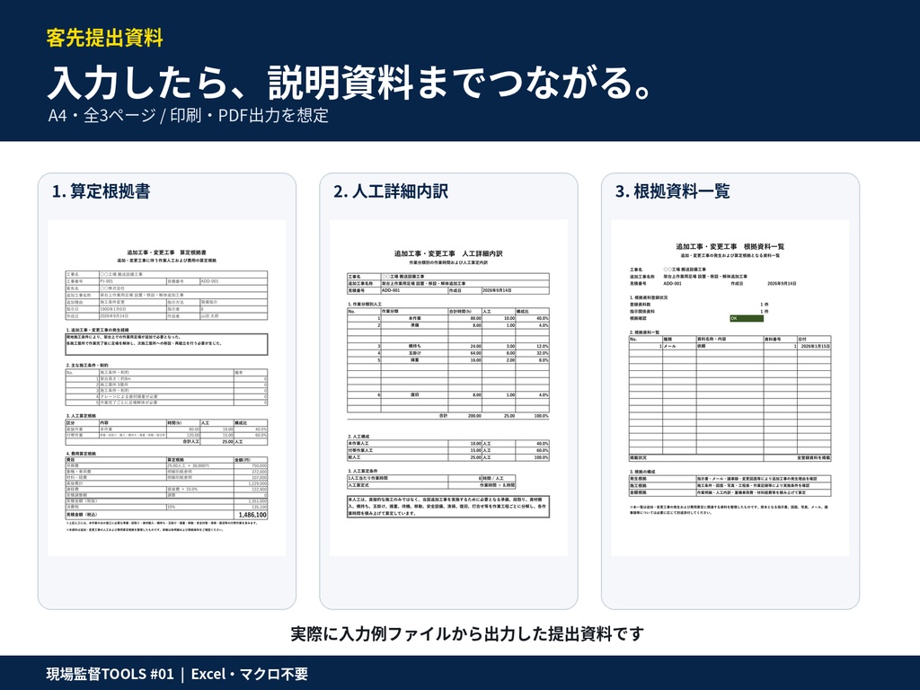【Excel】追加工事・変更工事 費用根拠作成ツール|人工・費用自動集計・客先提出資料|現場監督TOOLS #01