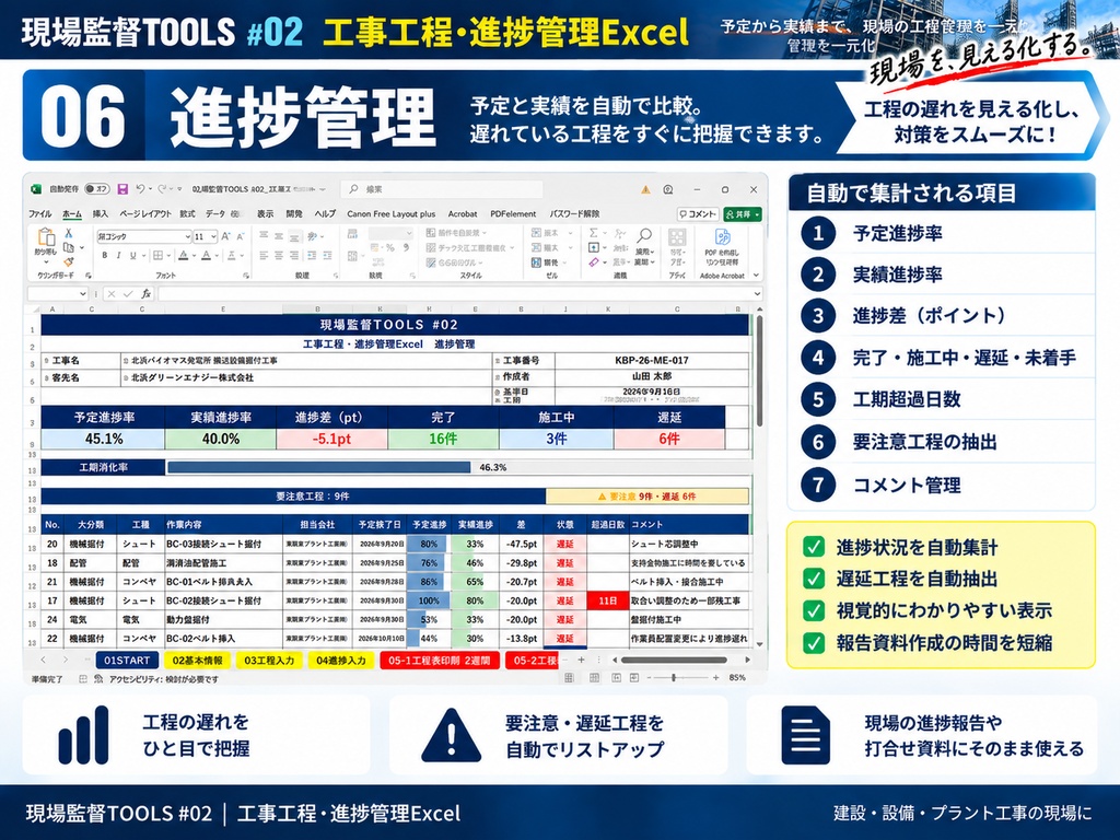 【Excel】工事工程・進捗管理ツール|工程表6種類・遅延工程自動抽出|現場監督TOOLS #02