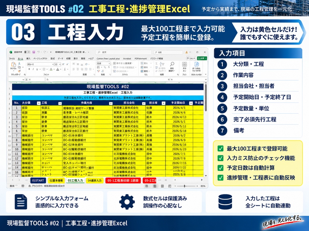 【Excel】工事工程・進捗管理ツール|工程表6種類・遅延工程自動抽出|現場監督TOOLS #02