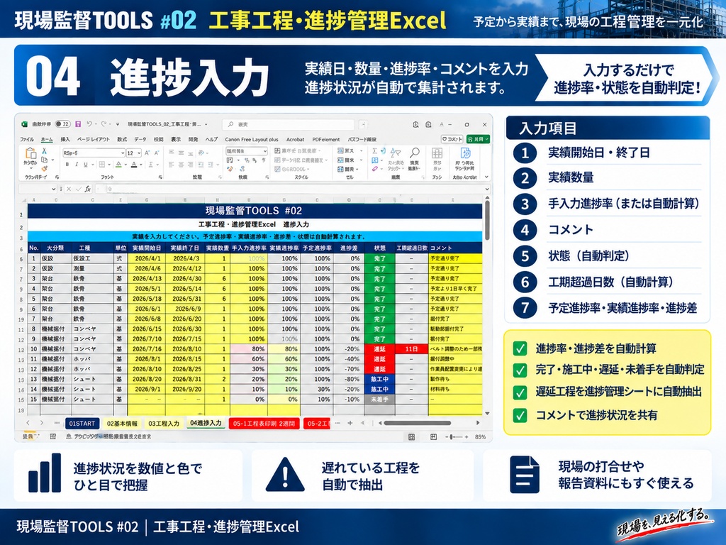 【Excel】工事工程・進捗管理ツール|工程表6種類・遅延工程自動抽出|現場監督TOOLS #02