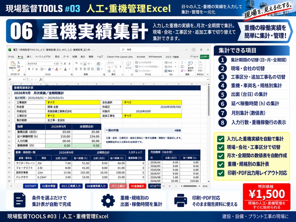 【Excel】人工・重機実績管理ツール|会社・工事区分・追加工事別に自動集計|現場監督TOOLS #03