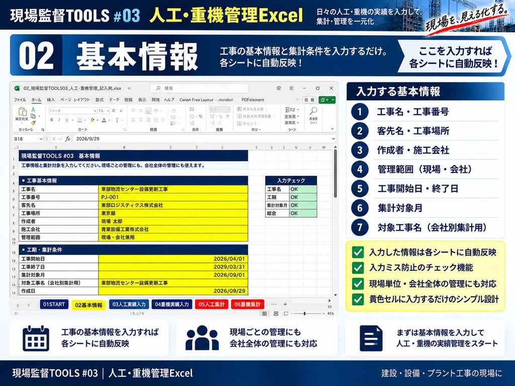 【Excel】人工・重機実績管理ツール|会社・工事区分・追加工事別に自動集計|現場監督TOOLS #03