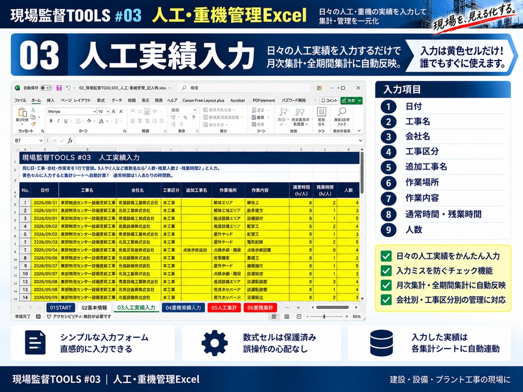 【Excel】人工・重機実績管理ツール|会社・工事区分・追加工事別に自動集計|現場監督TOOLS #03