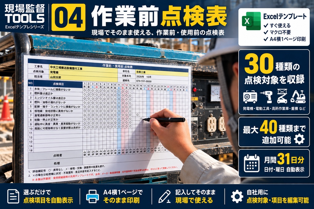 【Excel】作業前点検表｜30種収録・最大40種対応・月間31日チェック｜現場監督TOOLS #04