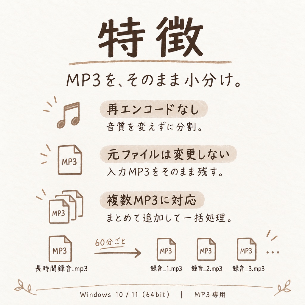 音声小分け|MP3を60分ごとに分割
