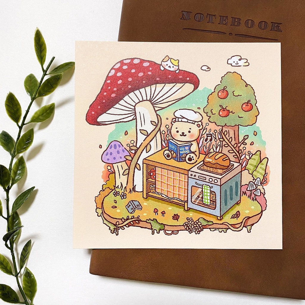 【パンを焼く平穏なきのこの森ポストカード】 韓国文具・手帳デコ