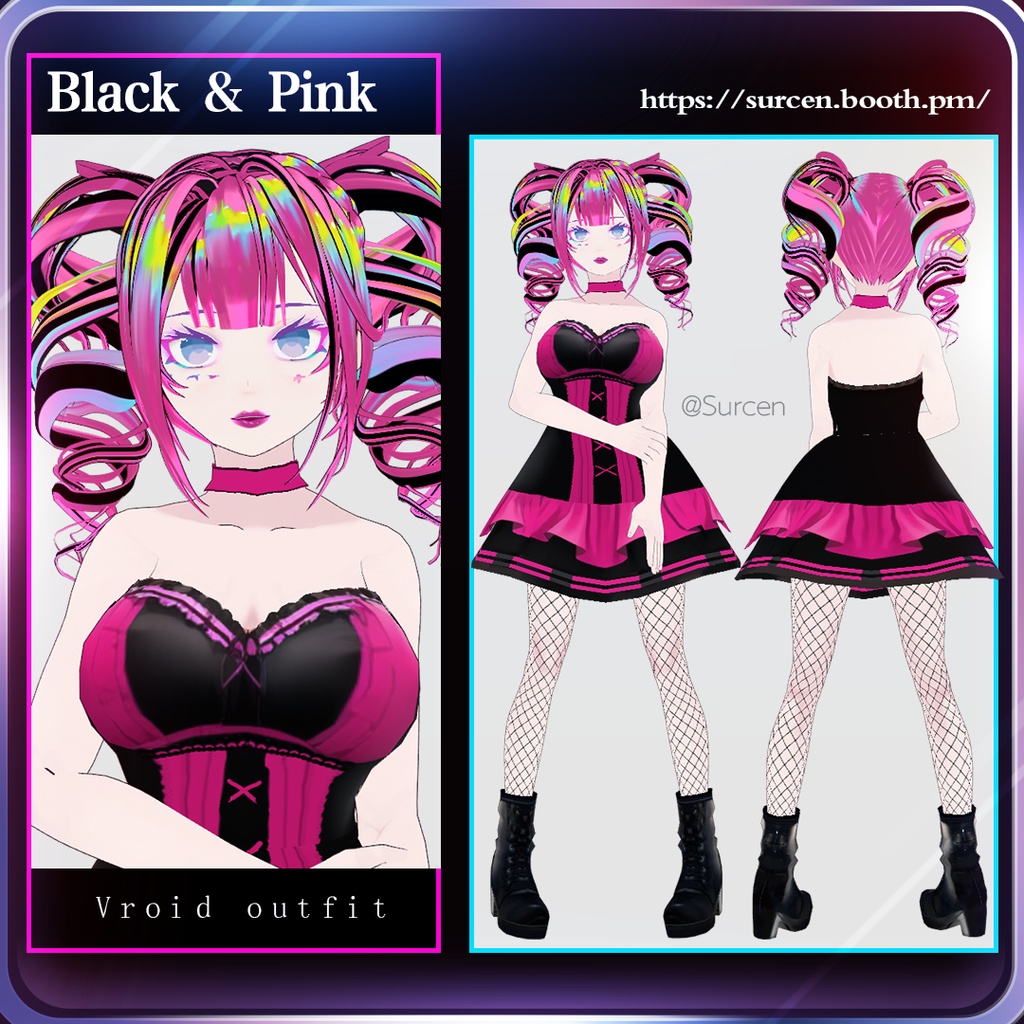 [无料][Vroid] Free Black & Pink Dress Outfit Set