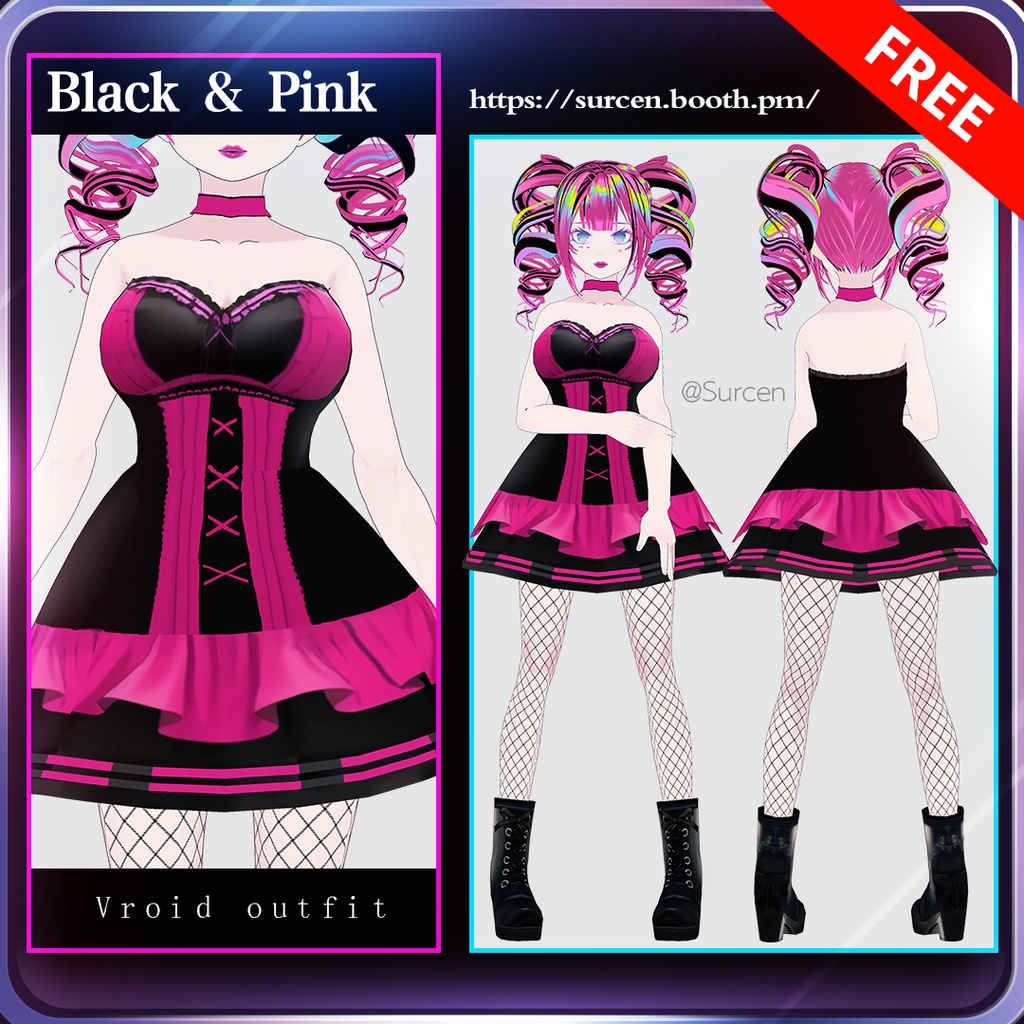 [无料][Vroid] Free Black & Pink Dress Outfit Set