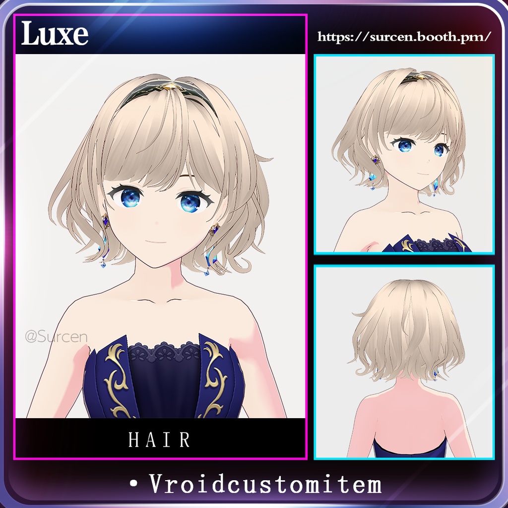 [Vroid] Short wave hair preset with crystal earrrings and hairband / ヘアバンドとイヤリングを付けたショートウェーブヘア