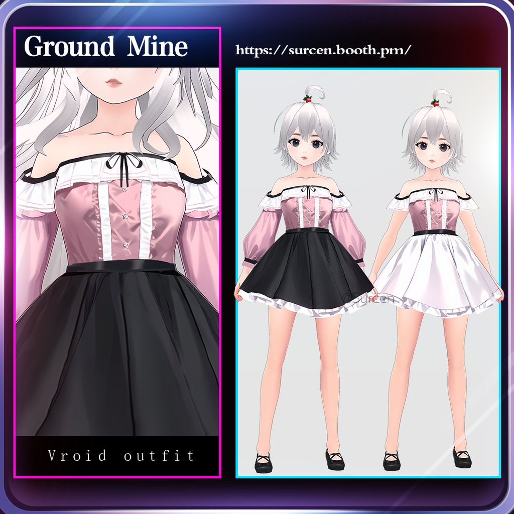 [Vroid] 地雷系少女 Jirai Kei / Black and pink lolita dress / Ground mine