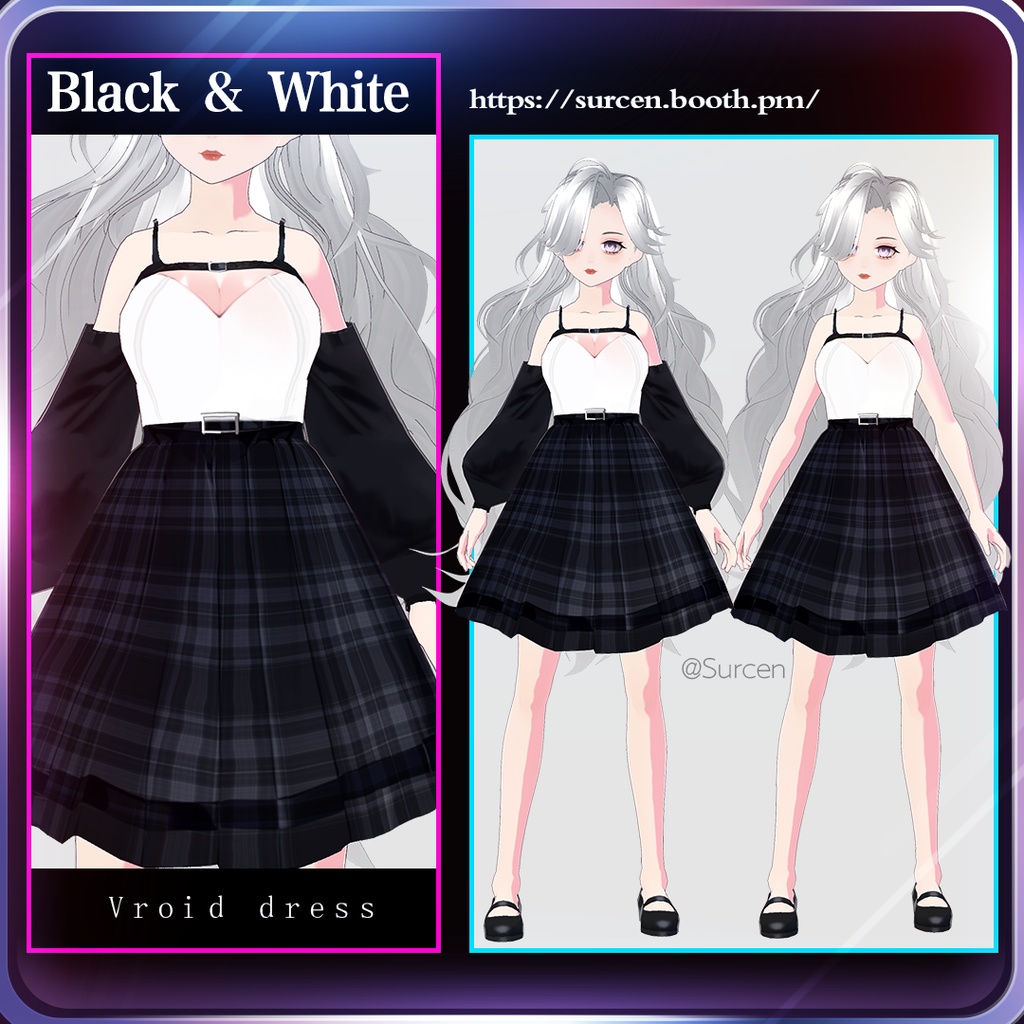 [Vroid] Plaid dress / Black and White
