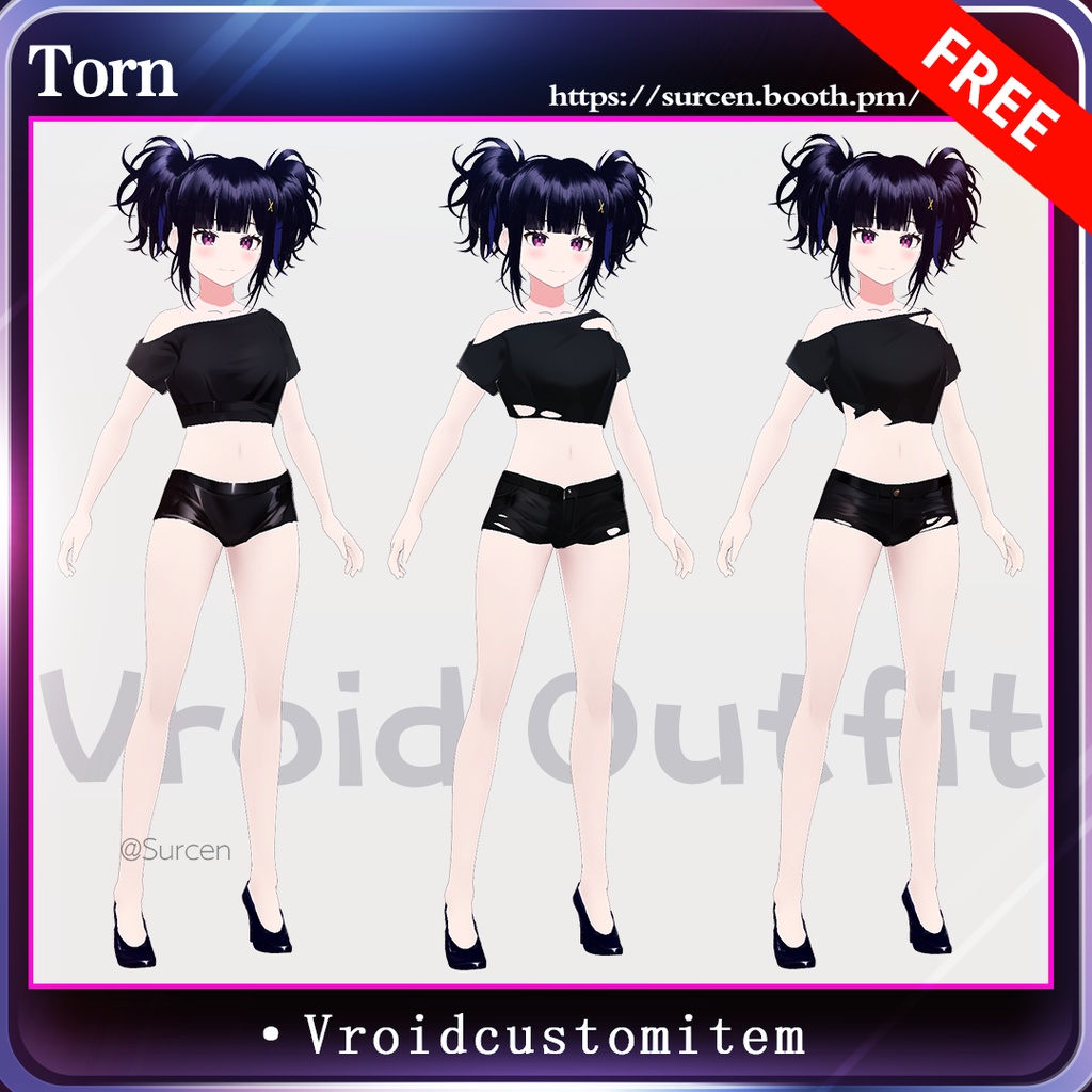 [无料][Vroid] Free Black mini t-shirt / Off shoulder top / Hotpants / Torn