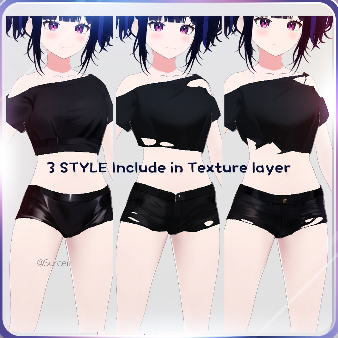 [无料][Vroid] Free Black mini t-shirt / Off shoulder top / Hotpants ...