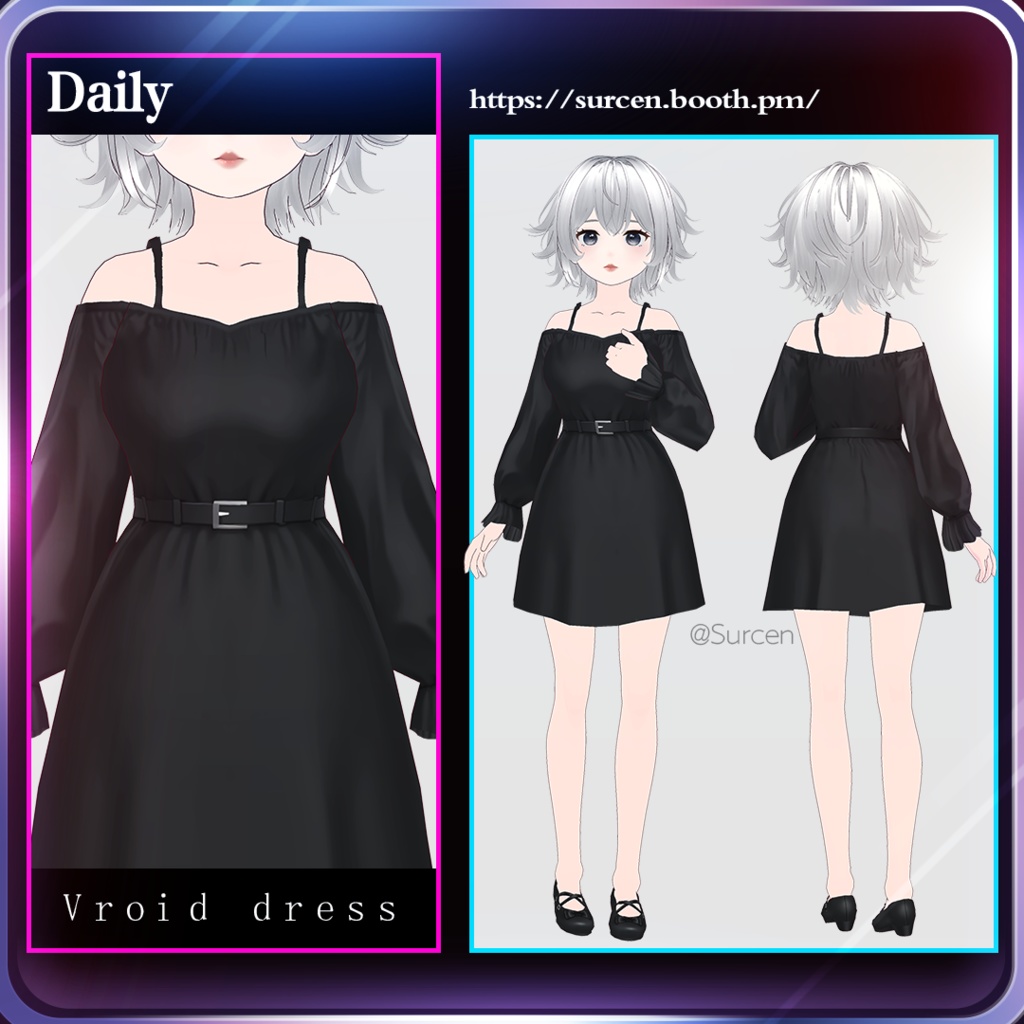 [Vroid] Black dress / Off shoulder / Long sleeve / Daily wear