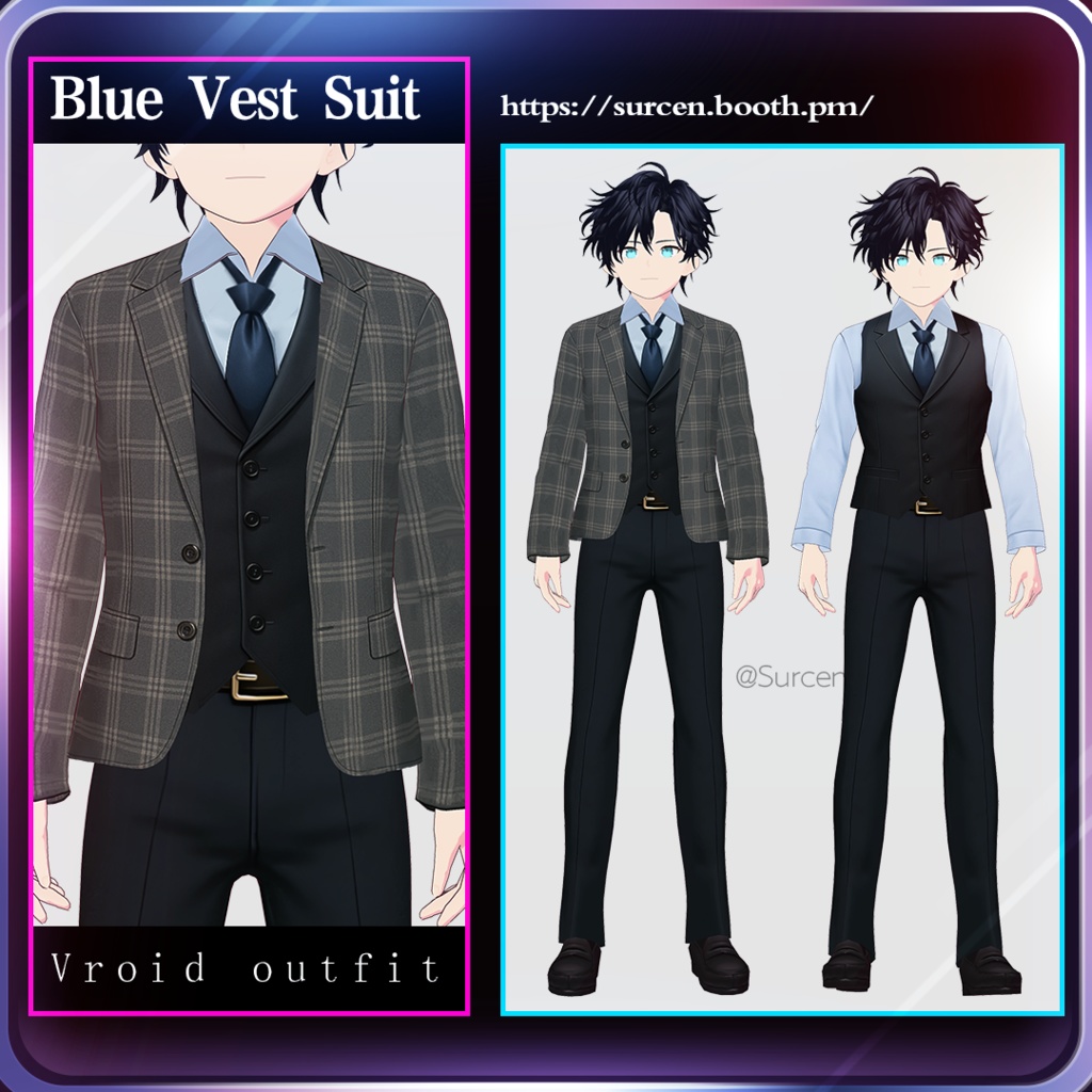 [Vroid] Blue Vest Suit / チェック柄の青いスーツ / Checker Pattern