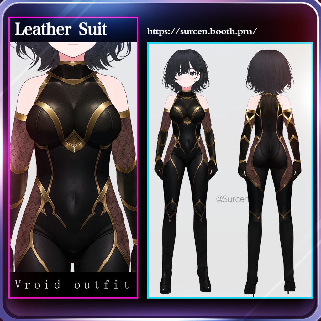 [Vroid] Sexy Leather Suit / Black and Gold / Red / Bodysuit