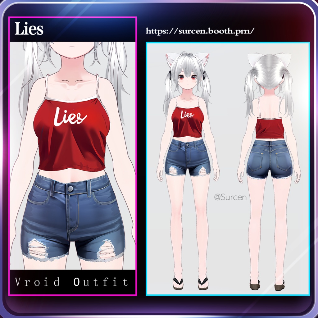 [Vroid] Red Crop Top / Ripped Denim / Girl Outfit / Lies