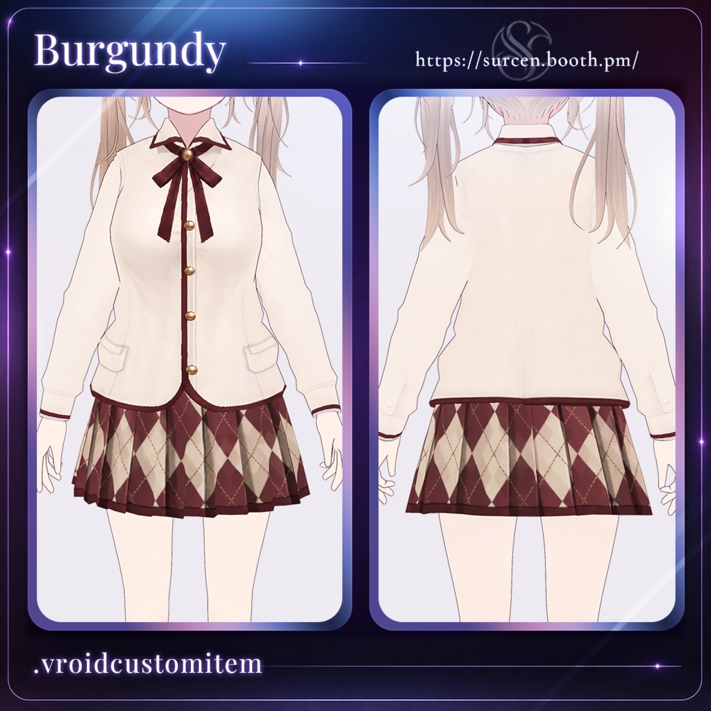 [Vroid] Plaid Skirt / Burgundy / Uniform