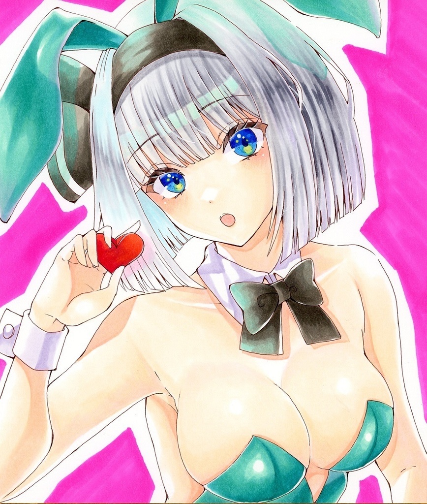 手描きイラスト 魂魄妖夢 東方Project バニー 中色紙サイズ(約210mm×180mm)