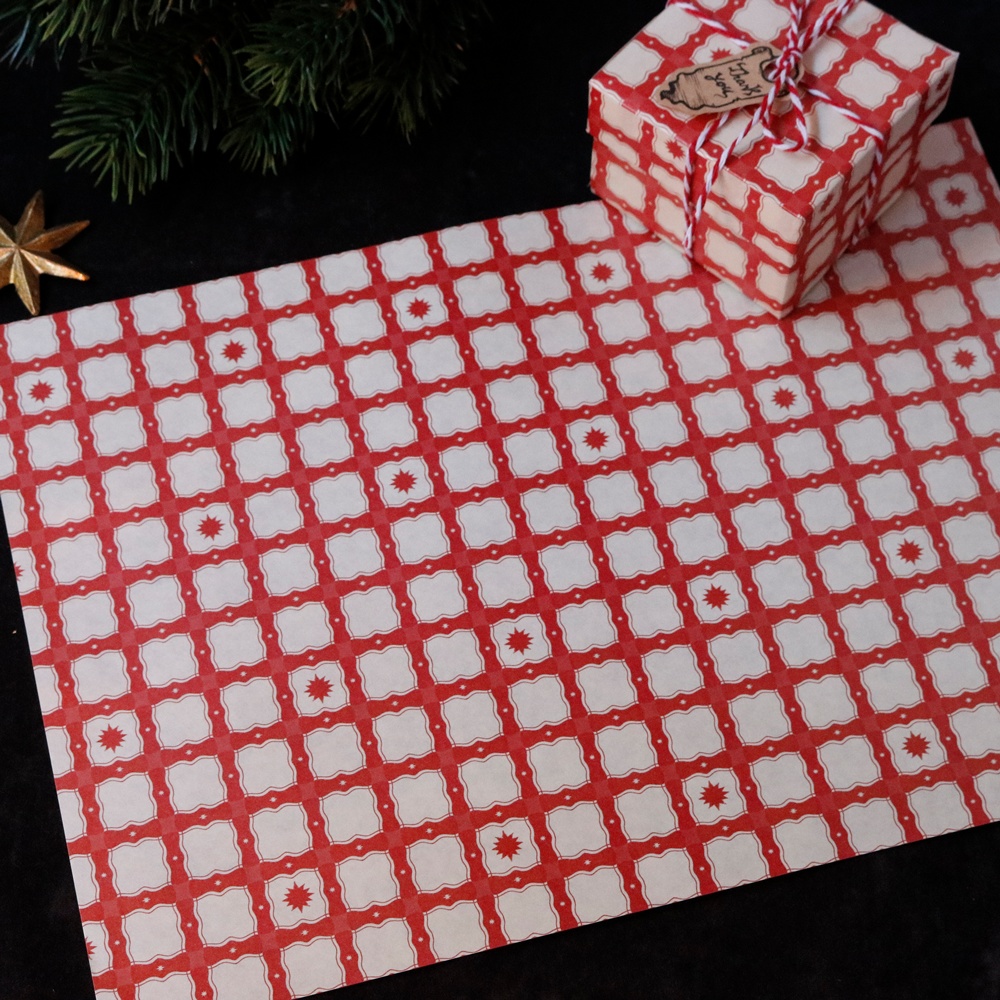 デザインペーパー-星散りばめたチェック・赤-