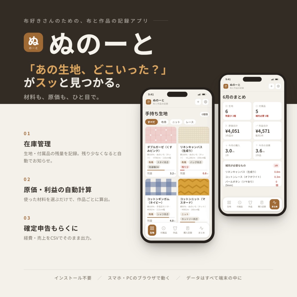 ぬのーと ～「あの生地どこいった？」がスッと見つかる～
