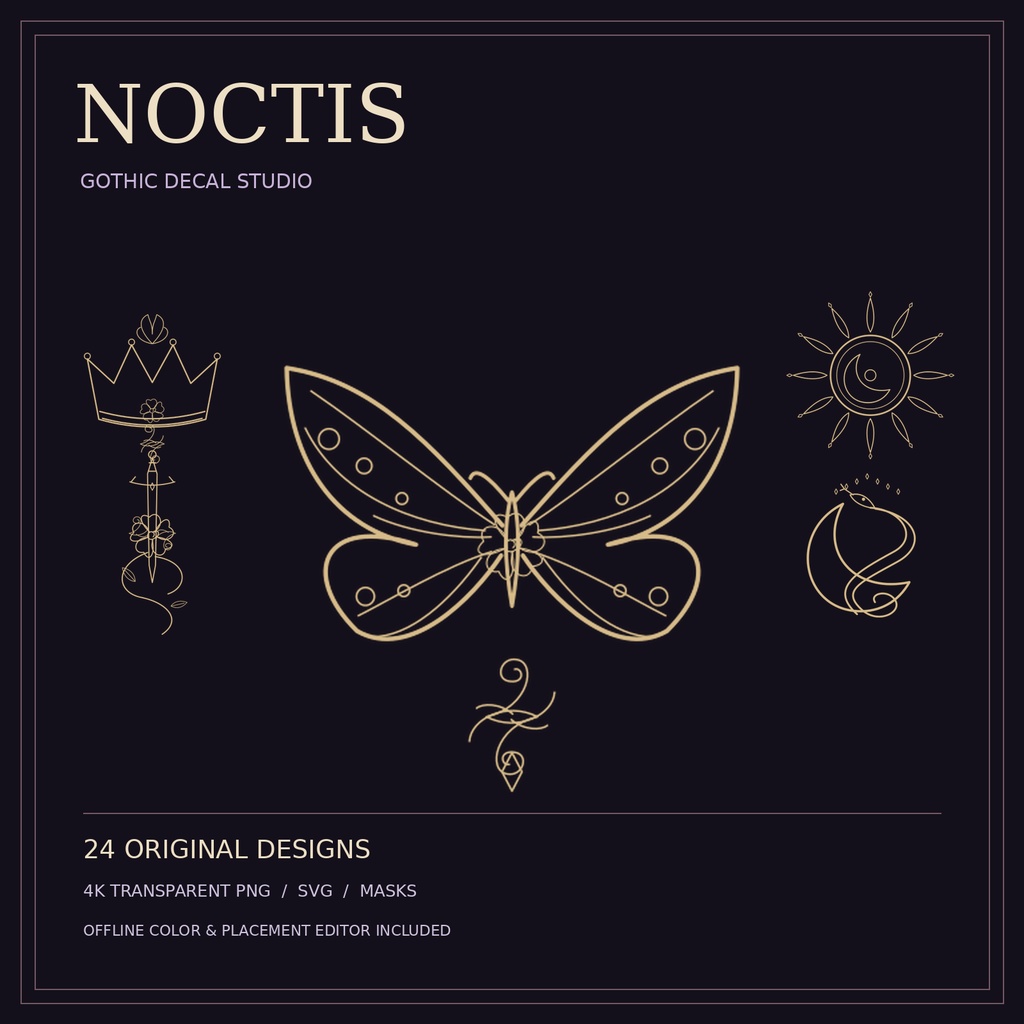 【無料版あり】NOCTIS|ゴシック装飾・タトゥー用デカール24種|4K透過PNG・SVG・配置&色変更ツール