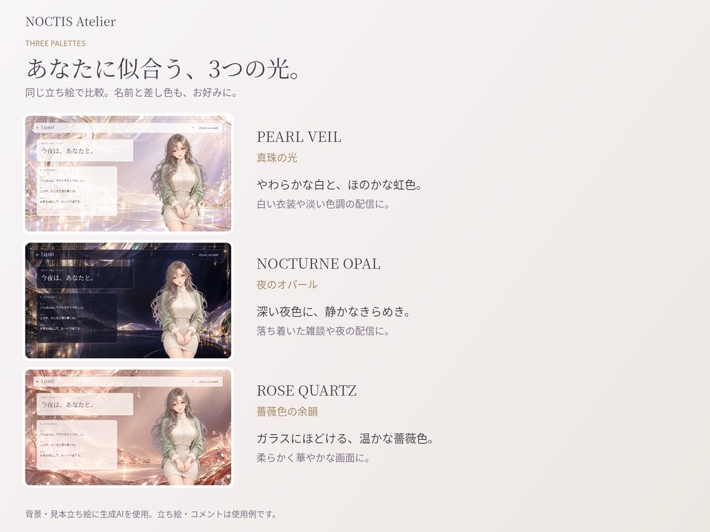 【無料サンプルあり】NOCTIS Atelier|光のヴェール配信画面3色【名前・立ち絵編集ツール付き/静止画PNG】