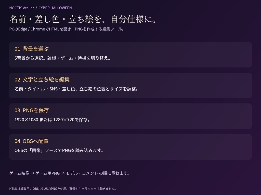 【無料背景あり】サイバーハロウィン配信背景5種|名前・立ち絵編集ツール+雑談・ゲーム・待機PNG【NOCTIS Atelier】