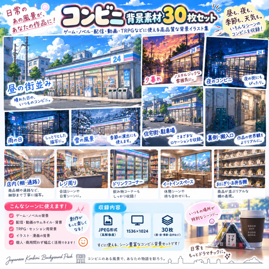 コンビニ背景素材30枚セット|ゲーム・ノベル・配信・動画・TRPG向け