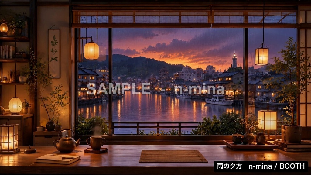 【動く背景】雨の日の港町を眺める和室 夜・昼・夕方(配信・VTuber向け/30秒ループ)