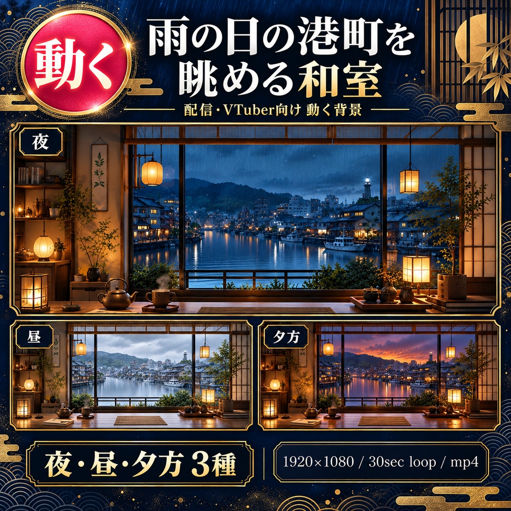 【動く背景】雨の日の港町を眺める和室 夜・昼・夕方（配信・VTuber向け／30秒ループ）