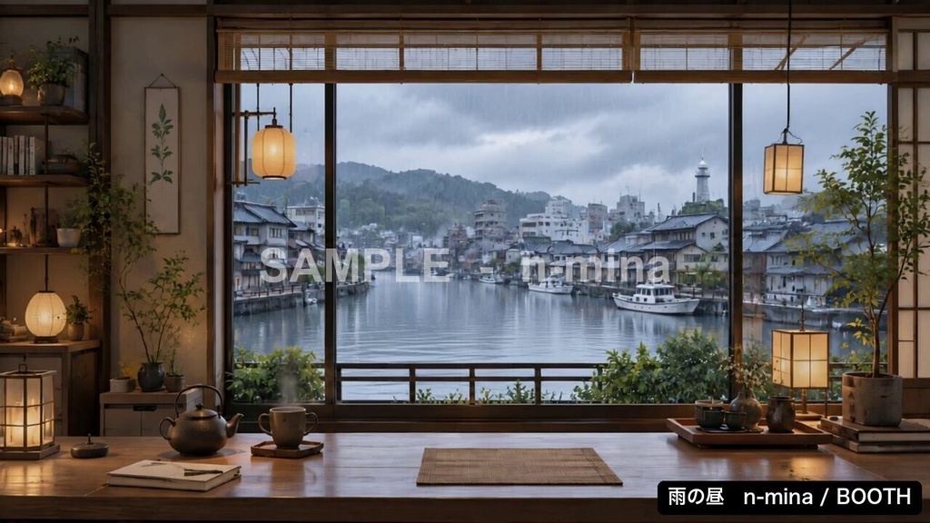 【動く背景】雨の日の港町を眺める和室 夜・昼・夕方(配信・VTuber向け/30秒ループ)