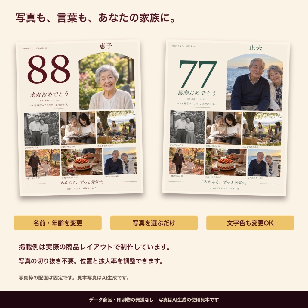 家族の写真7枚でつくる お祝いポスター|還暦・米寿・誕生日|自分で編集するデータ商品