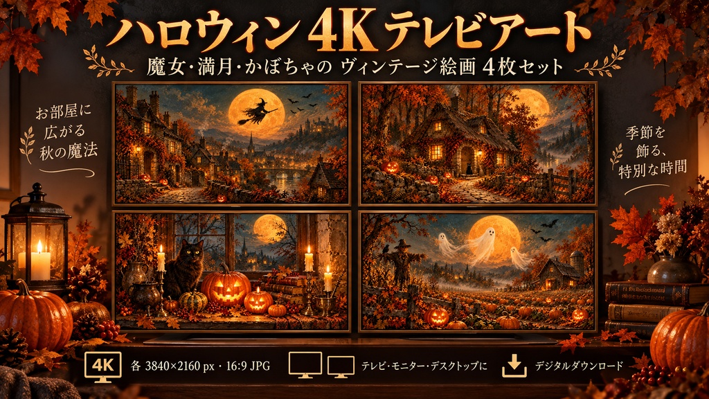 ハロウィン 4K テレビアート 4枚セット｜魔女・満月・かぼちゃのヴィンテージ絵画｜16:9 JPG