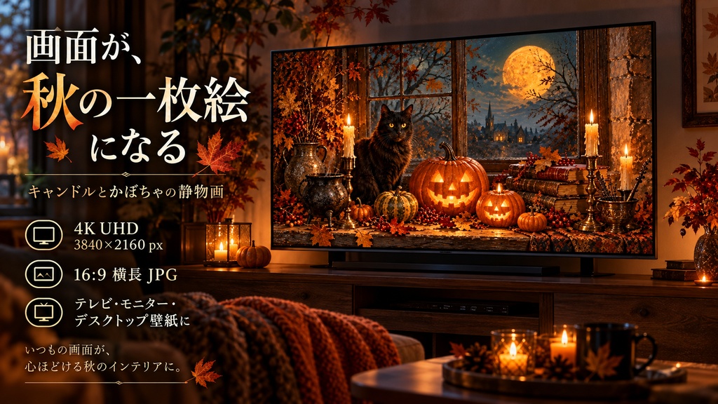 ハロウィン 4K テレビアート 4枚セット|魔女・満月・かぼちゃのヴィンテージ絵画|16:9 JPG