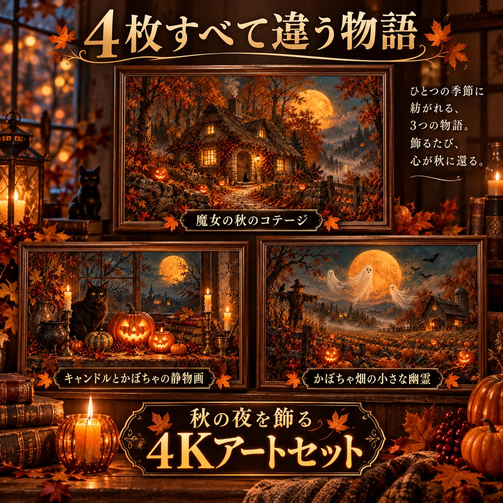 ハロウィン 4K テレビアート 4枚セット|魔女・満月・かぼちゃのヴィンテージ絵画|16:9 JPG