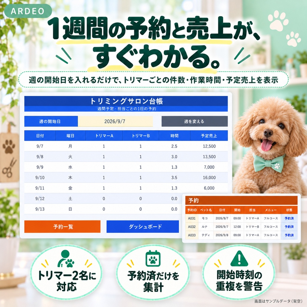 トリミングサロン台帳(Excel)|ペットカルテ・予約・入金・来店周期を1冊で