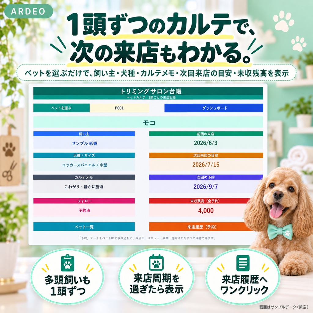 トリミングサロン台帳(Excel)|ペットカルテ・予約・入金・来店周期を1冊で