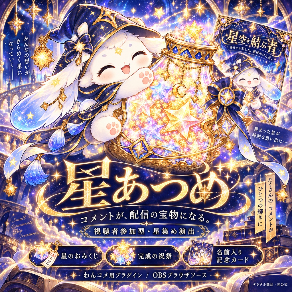 星あつめ｜コメントで星が集まる配信演出・名前入り記念カード【わんコメ用／OBS】