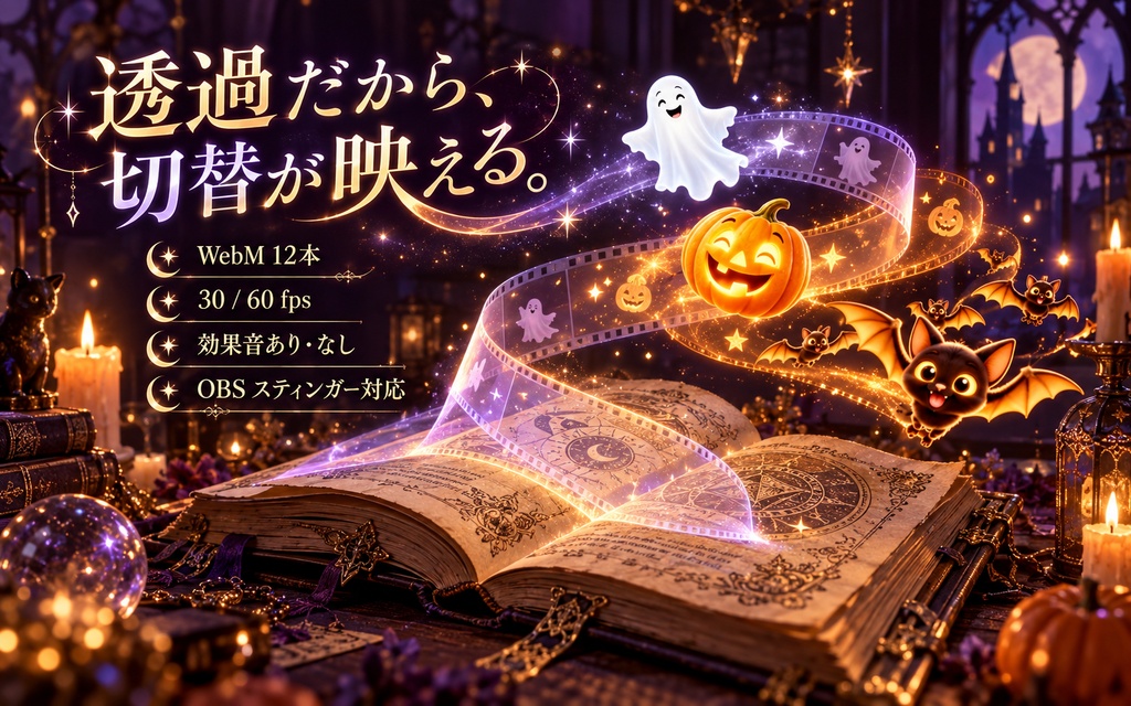 【透過WebM】ハロウィン画面切替3種|おばけ・かぼちゃ・コウモリ|OBSスティンガー12本