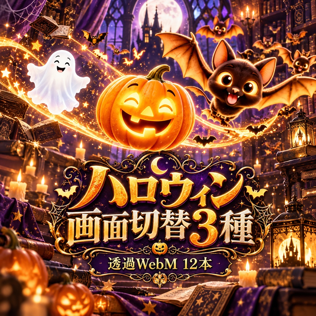 【透過WebM】ハロウィン画面切替3種｜おばけ・かぼちゃ・コウモリ｜OBSスティンガー12本