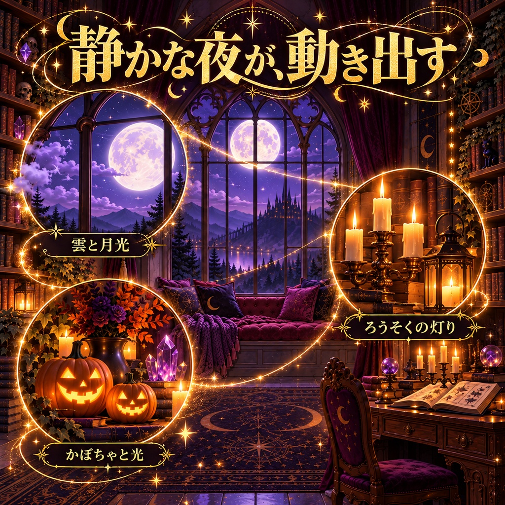 【動く配信背景】魔女の月夜の窓辺|30秒ループMP4+静止画PNG・フルHD/OBS・VTuber